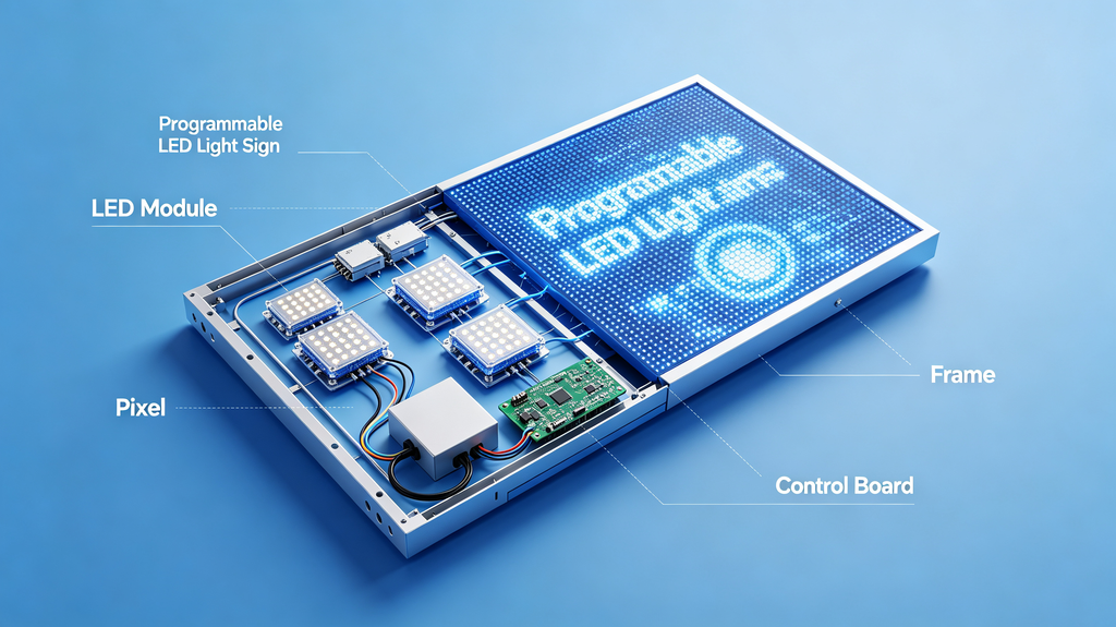 Cutaway view of programmable LED light sign showing LED modules, pixels, frame and control board