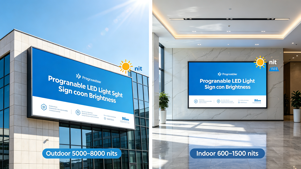 Indoor and outdoor programmable LED light sign compare brightness nits for daylight visibility