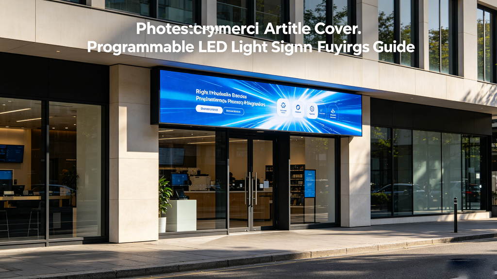 Programmable LED light sign above modern storefront showing bright dynamic advertising content