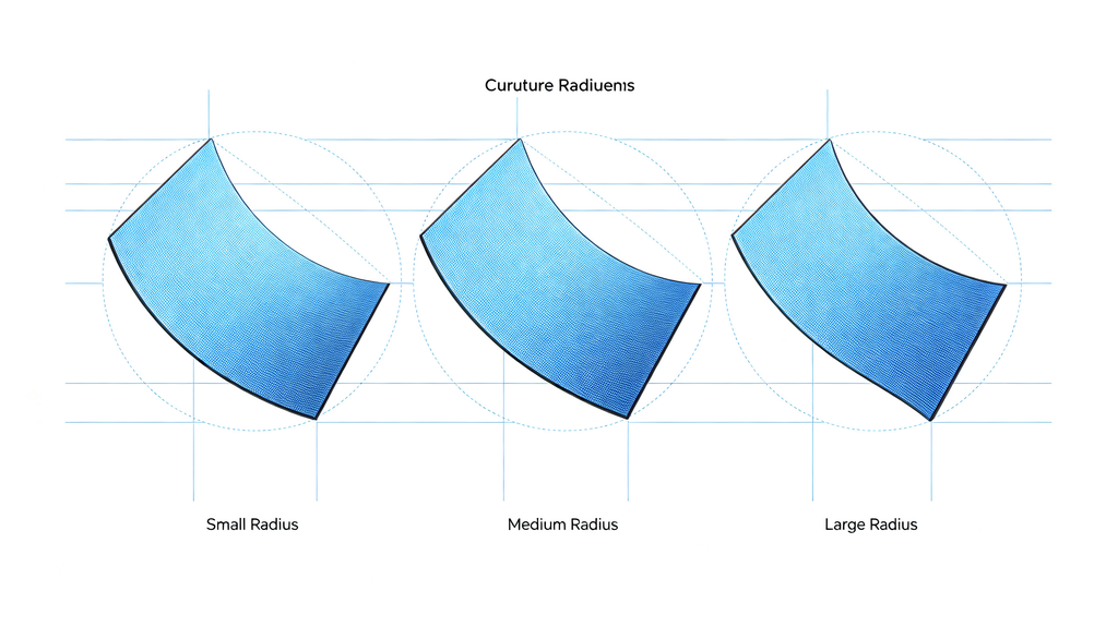 Curvature radius diagram for flexible LED screen showing tight, medium and gentle bend levels