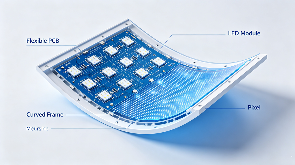 Cutaway view of flexible LED screen showing flexible PCB, LED modules, pixels and curved frame