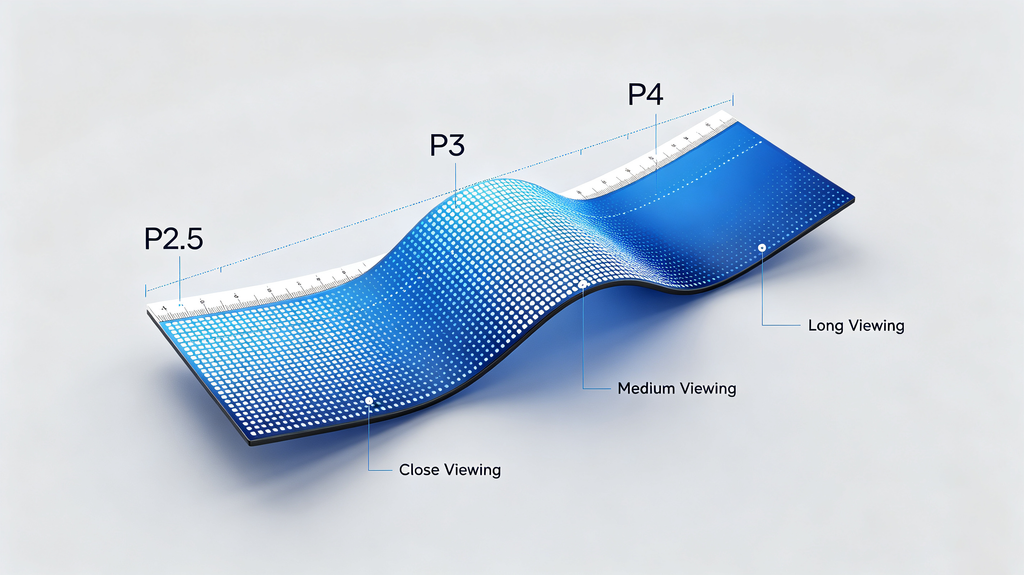Flexible LED screen pixel pitch diagram comparing P2.5, P3 and P4 for different viewing distances
