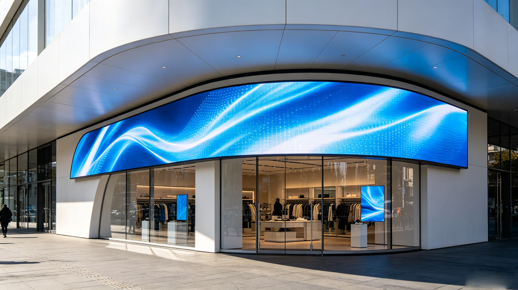 Flexible LED screen installed on curved storefront wall showing bright dynamic content