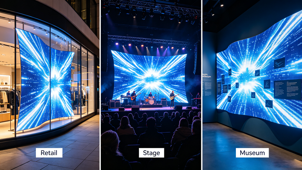 Flexible LED screen applications for retail, stage and museum curved installations