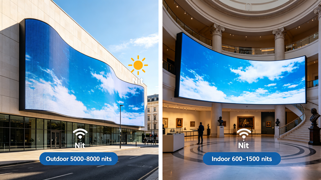 Indoor and outdoor flexible LED screen compare brightness nits for daylight visibility