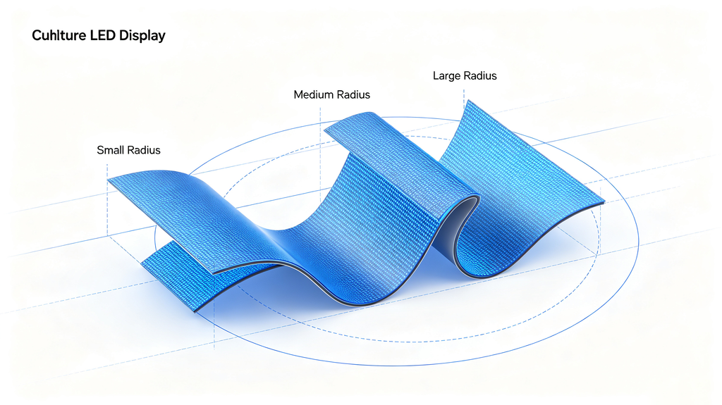 Curvature radius diagram for flexible LED display showing tight, medium and gentle bend levels