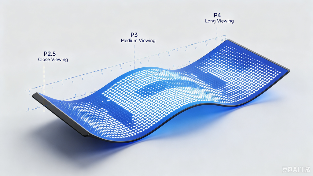 Flexible LED display pixel pitch diagram comparing P2.5, P3 and P4 for different viewing distances