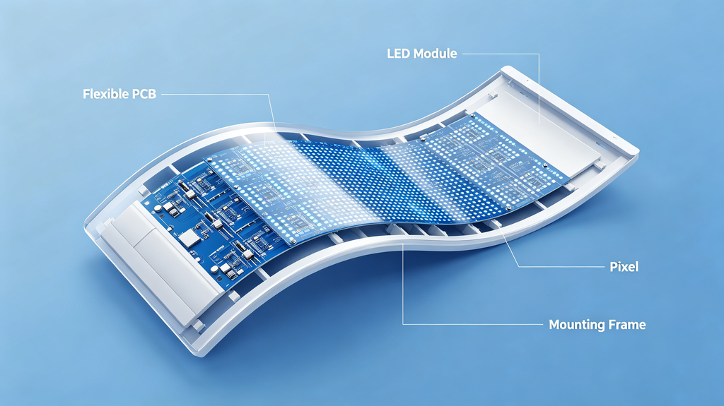 Cutaway view of flexible LED display showing flexible PCB, LED modules, pixels and mounting frame