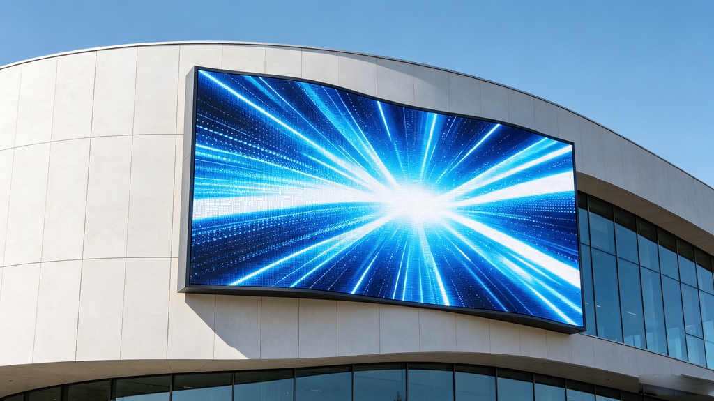 Flexible LED display installed on curved building facade showing bright dynamic content