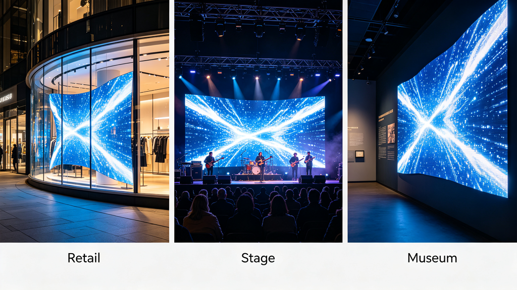 Flexible LED display applications for retail, stage and museum curved installations