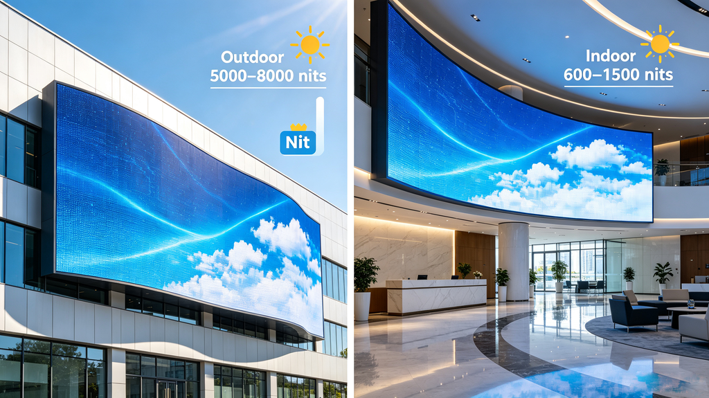 Indoor and outdoor flexible LED display compare brightness nits for daylight visibility