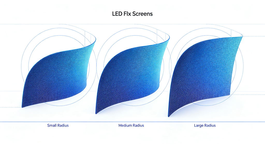 Curvature radius diagram for LED flex screen showing tight, medium and gentle bend levels