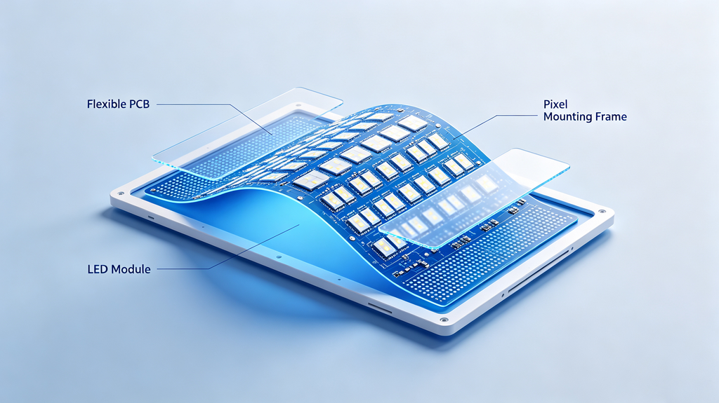 Cutaway view of LED flex screen showing flexible PCB, LED modules, pixels and mounting frame