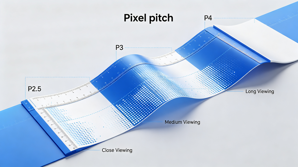 LED flex screen pixel pitch diagram comparing P2.5, P3 and P4 for different viewing distances