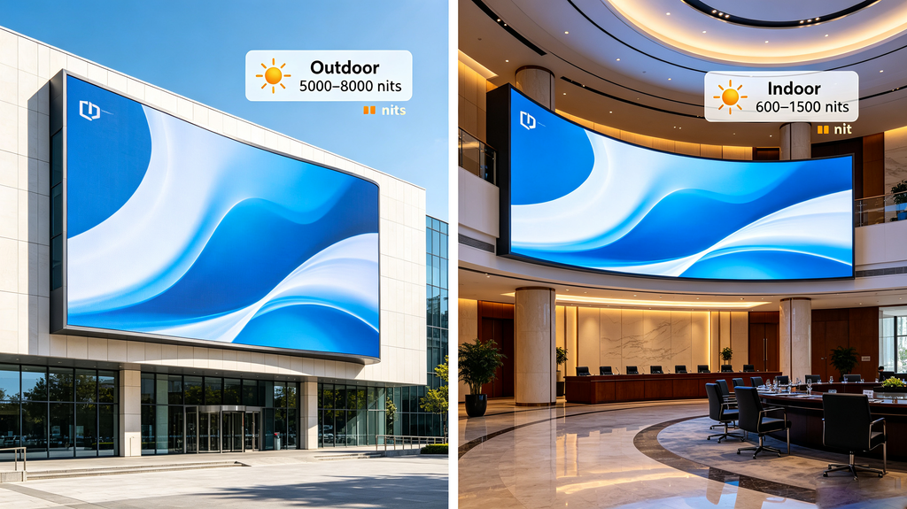 Indoor and outdoor LED flex screen brightness comparison with nit value indicators