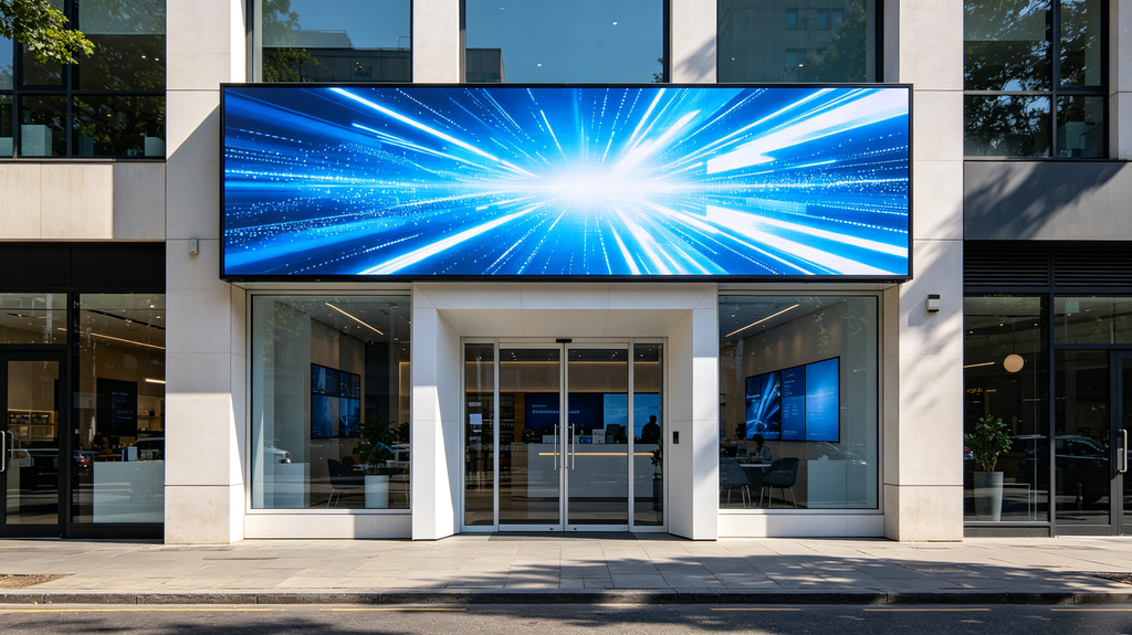 Signage LED board above modern storefront showing bright dynamic advertising content