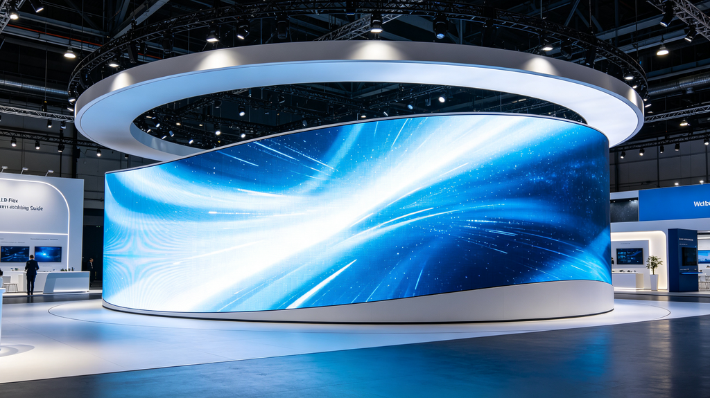 LED flex screen curved display in a modern exhibition hall showing dynamic blue-white content
