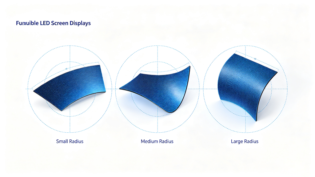 Curvature radius diagram for flexible LED screen display showing tight, medium and gentle bend levels