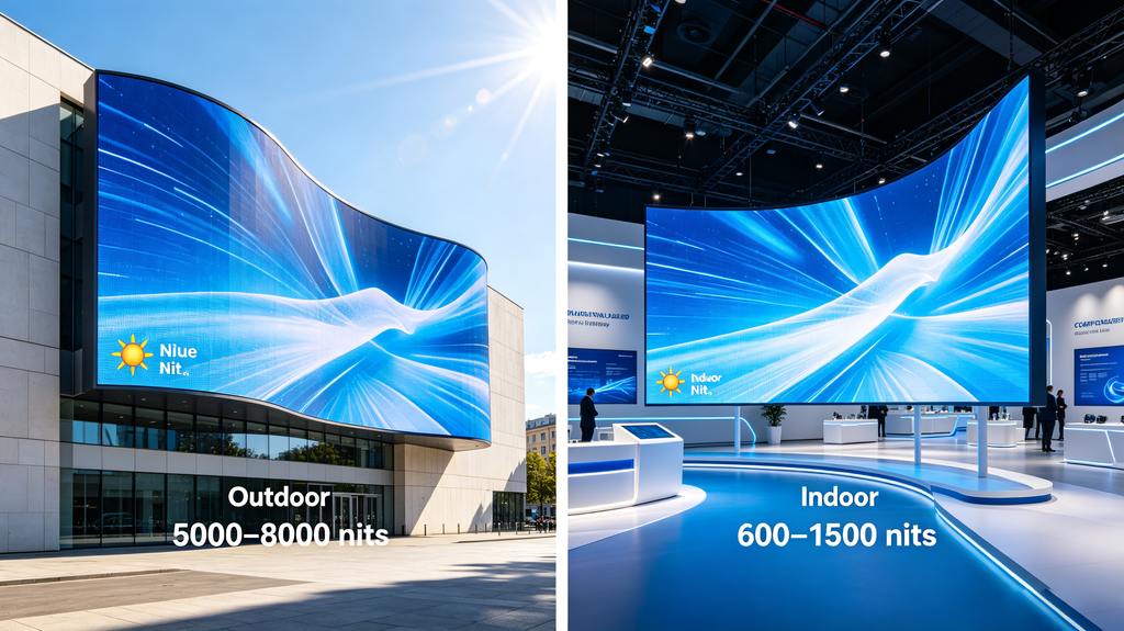 Indoor and outdoor flexible LED screen display brightness comparison with nit indicators