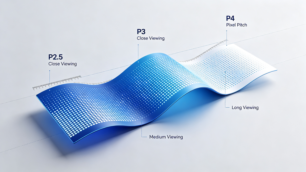 Flexible LED screen display pixel pitch diagram comparing P2.5, P3 and P4 for different viewing distances