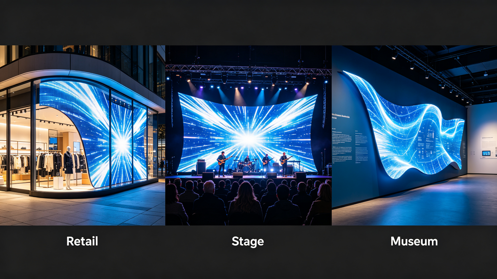 Flexible LED screen display applications for retail, stage and museum curved installations
