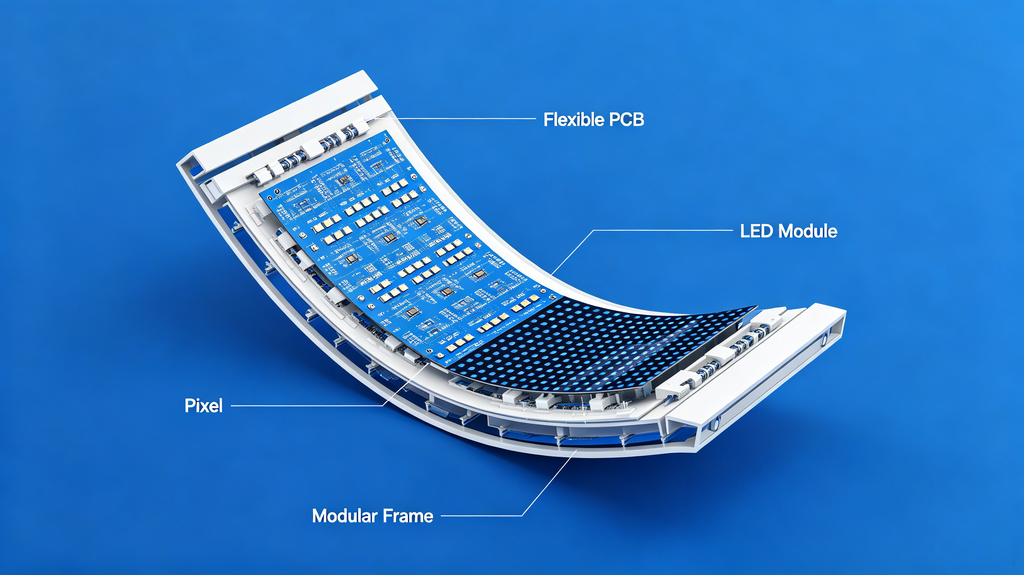 Cutaway view of flexible LED screen display showing flexible PCB, LED modules, pixels and modular frame