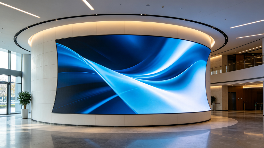 Flexible LED screen display curved around a modern lobby wall showing blue-white dynamic content