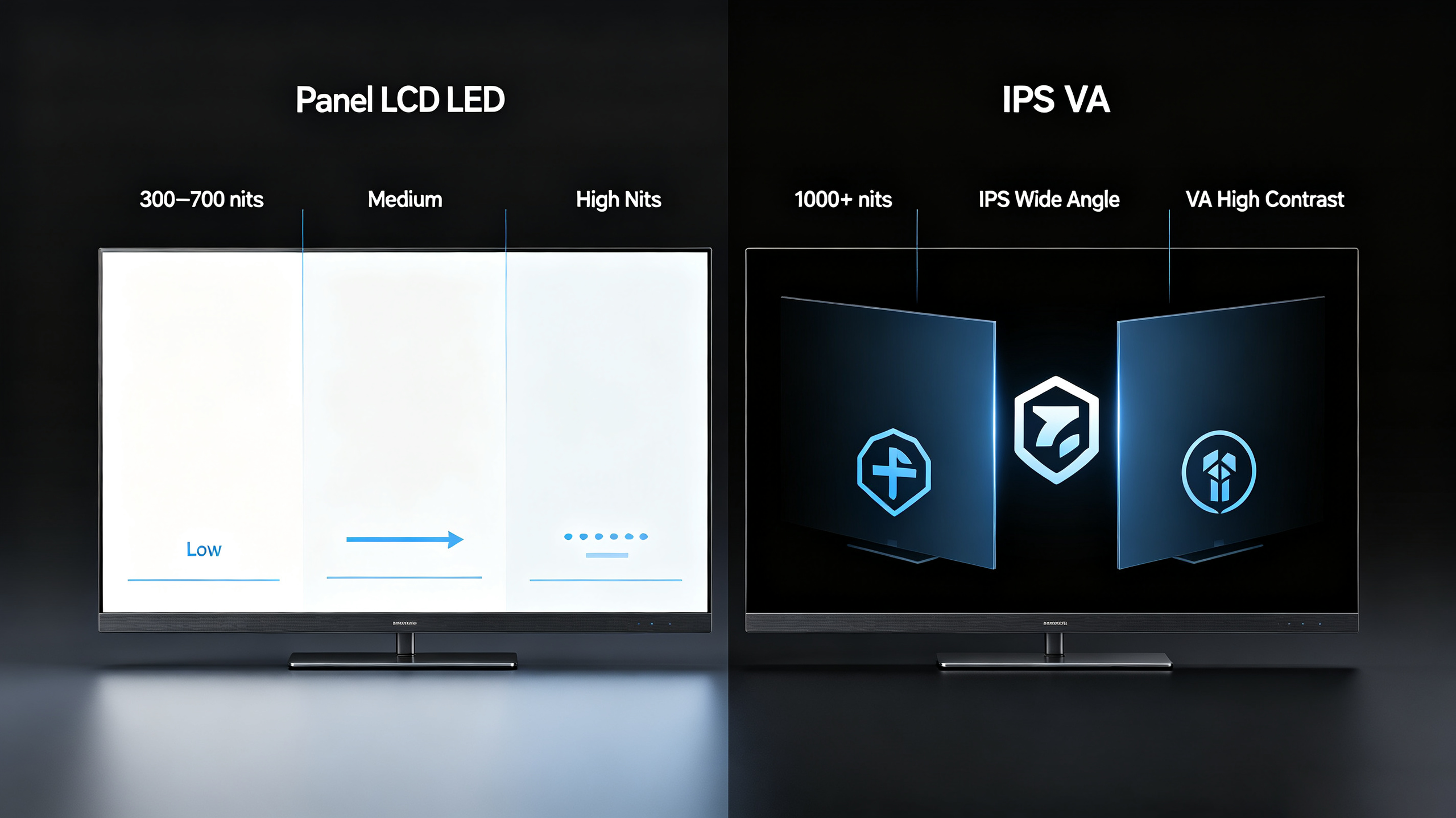 Panel LCD LED brightness and panel type comparison including nits, IPS wide angle and VA high contrast
