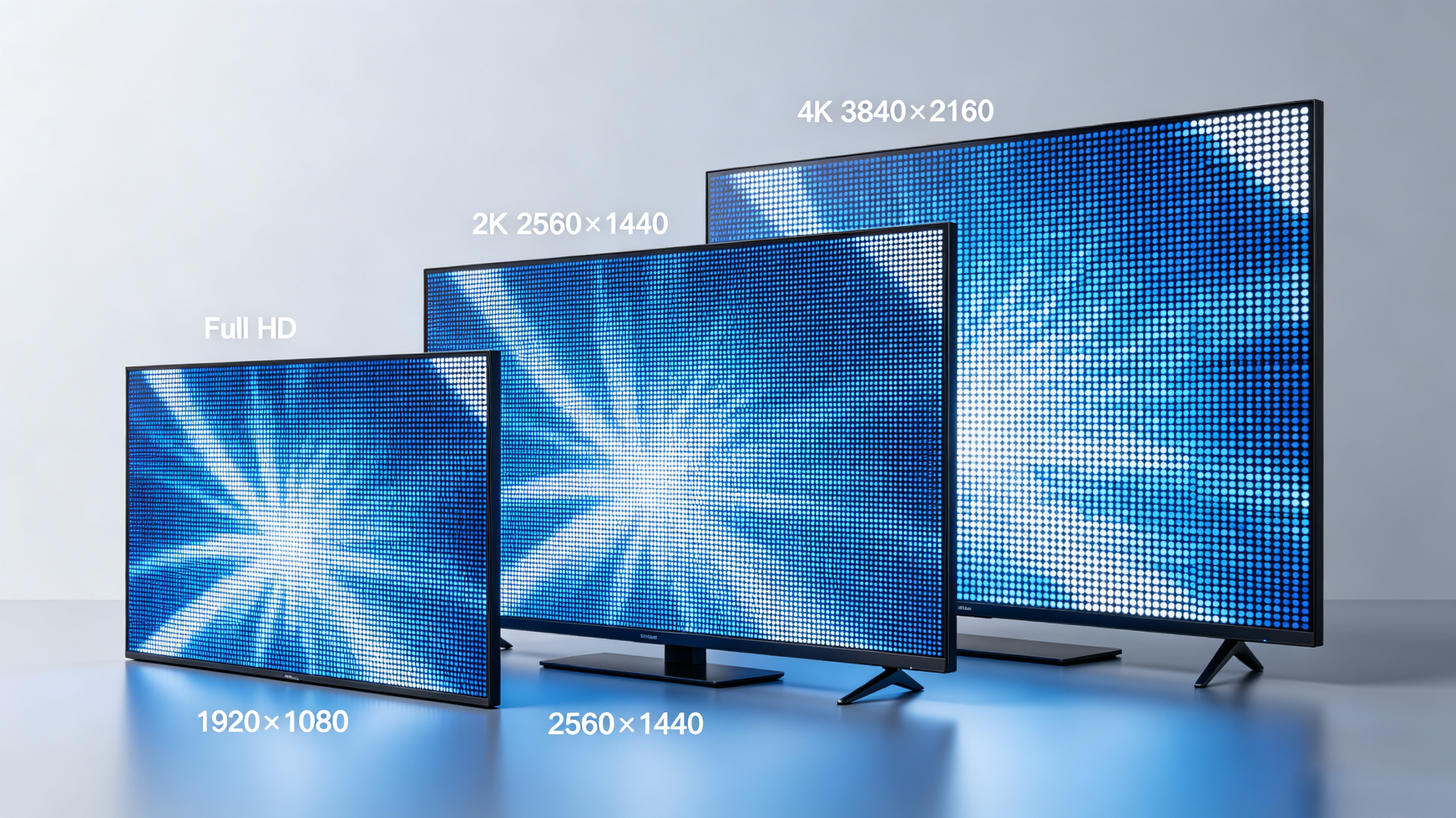 Panel LCD LED resolution comparison with Full HD, 2K and 4K pixel density test patterns
