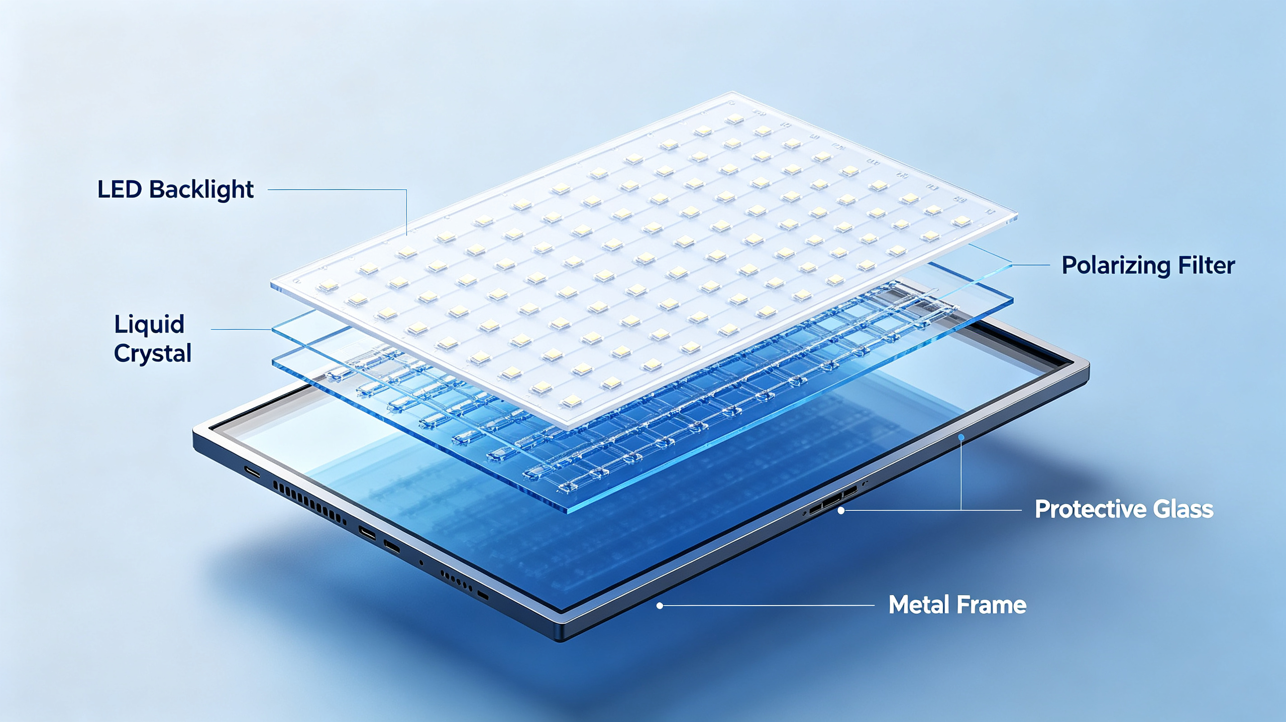 Cutaway view of panel LCD LED showing LED backlight, liquid crystal, polarizing filter, glass and metal frame