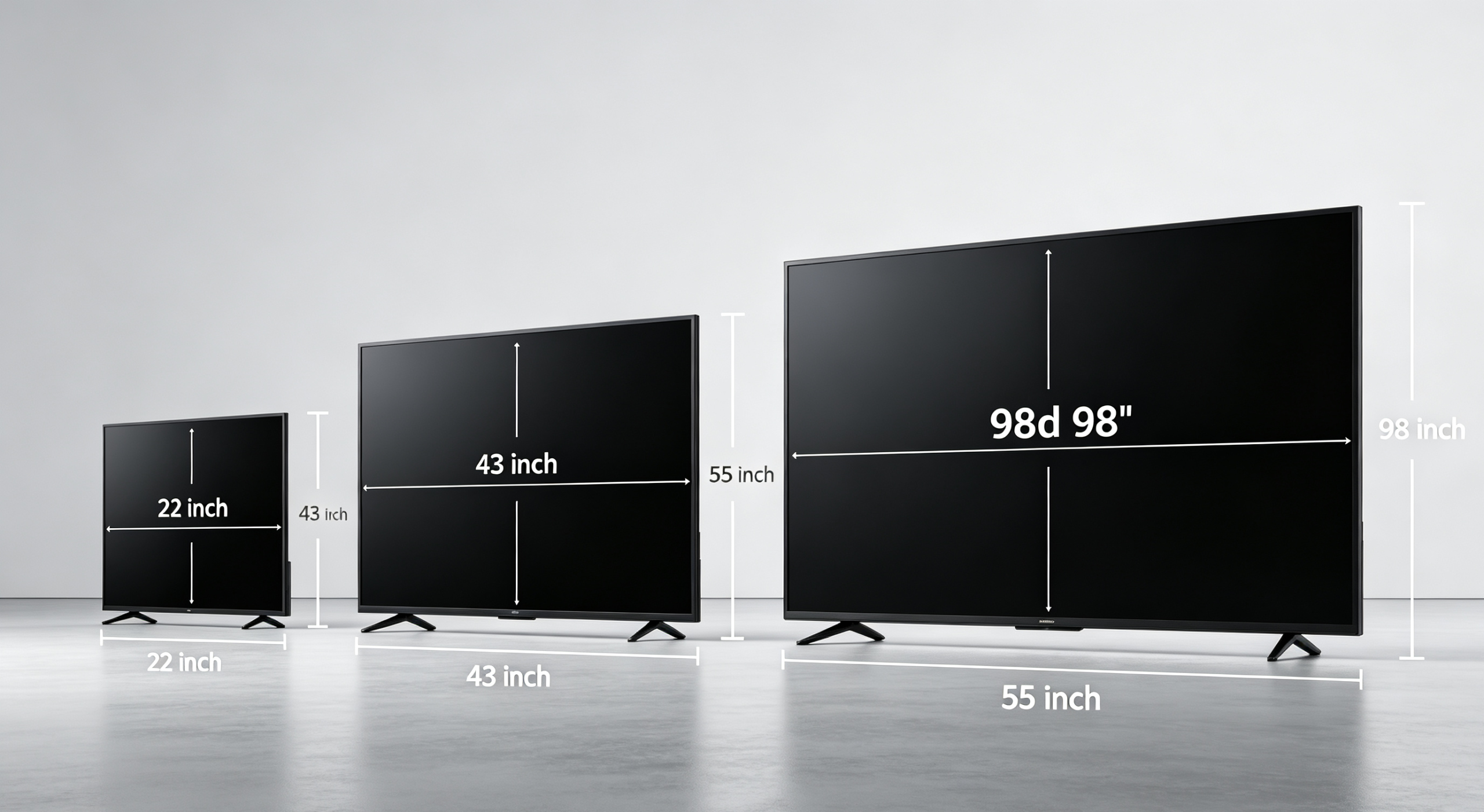Panel LCD LED screen size comparison showing 22 inch, 43 inch, 55 inch and 98 inch displays
