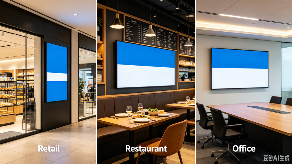 Panel LCD LED applications for retail digital signage, restaurant menu board and corporate conference room