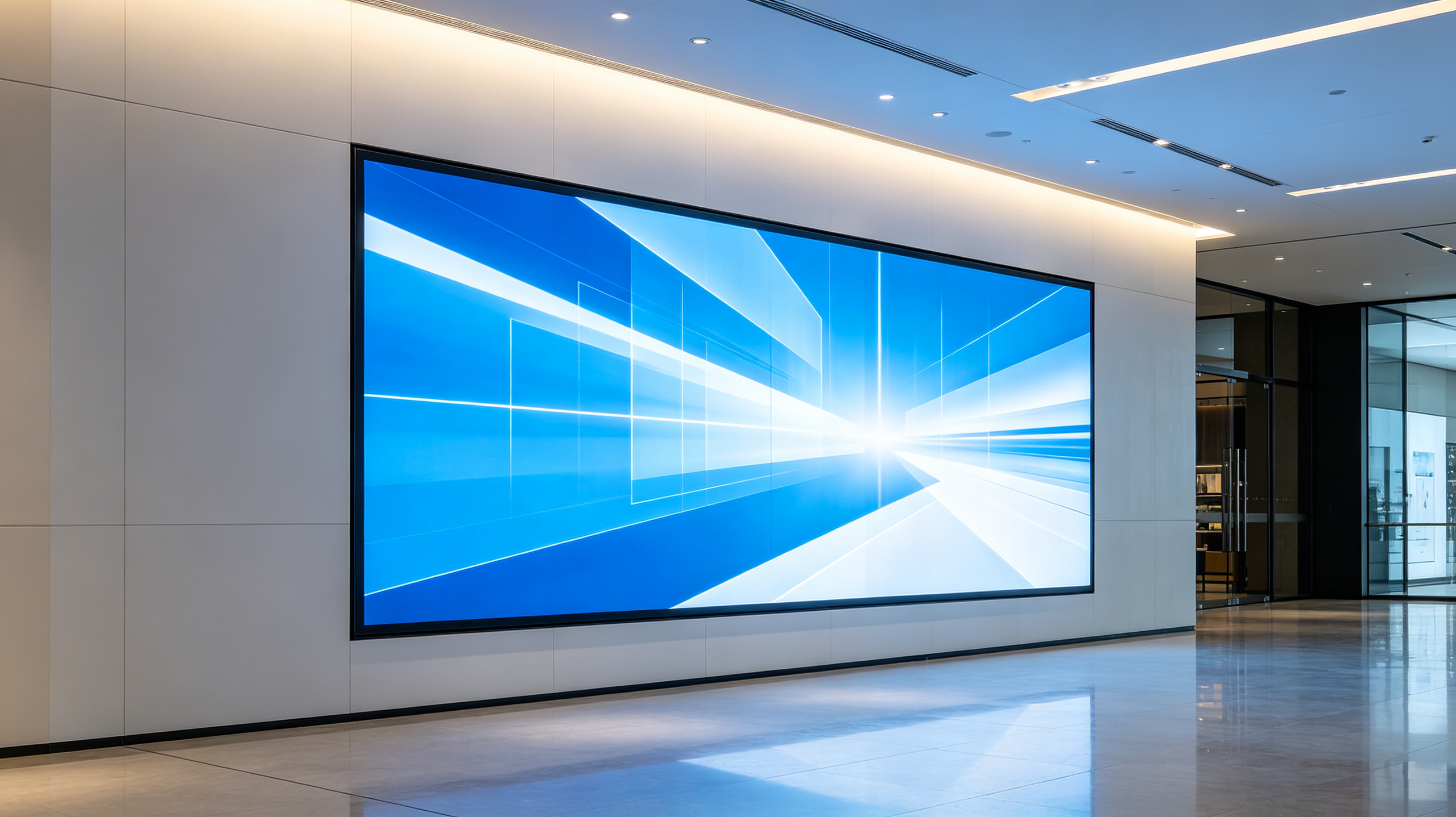 Large flat panel LCD LED display mounted in a modern retail lobby showing bright digital content
