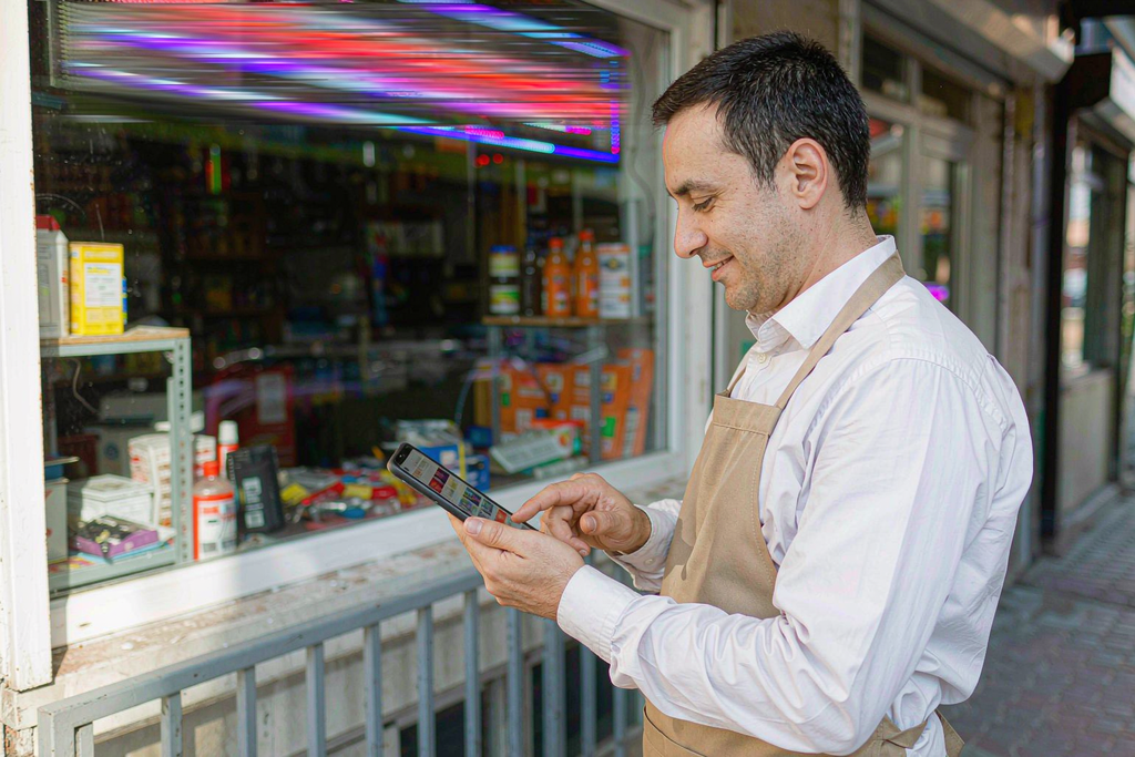 Shop owner updating his LED scrolling sign content in seconds from a smartphone