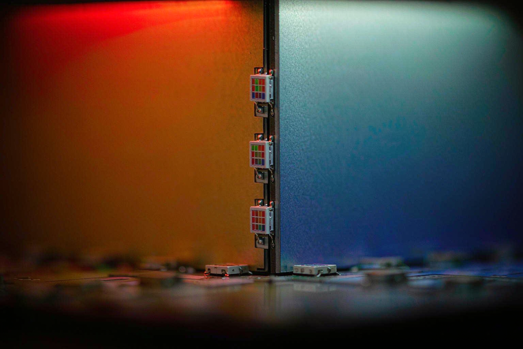 Close-up of LED video wall panel splicing with near-invisible gaps of less than 0.5mm between modules