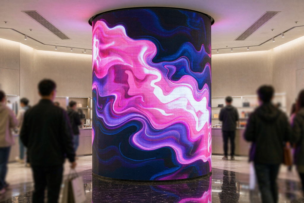 Curved LED video wall panels installed around a column in a flagship retail store for immersive brand displays
