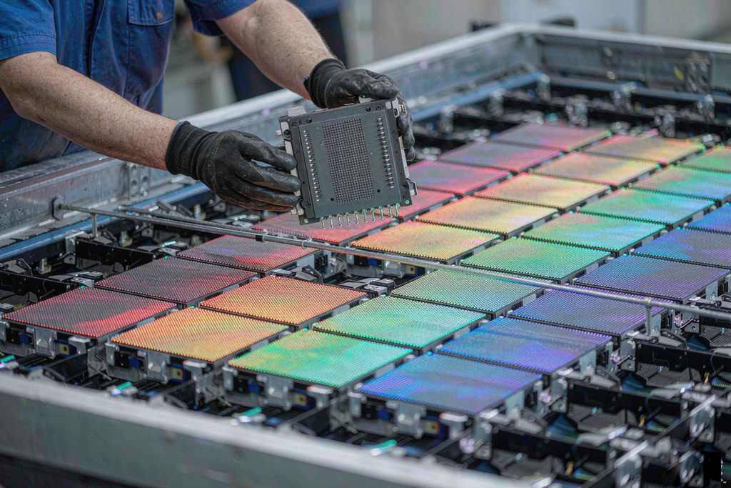 Technician installing modular micro LED display tiles into a large video wall frame