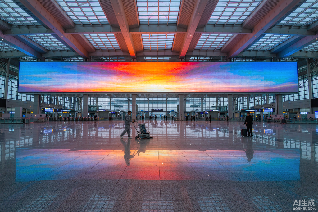 LED screen wall still running at dawn in an empty station concourse, built for 24/7 operation