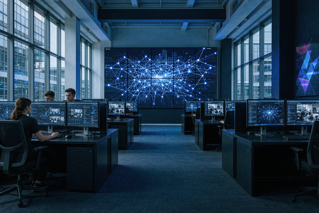 Control room monitoring a network of LED video wall panels through smart remote management software