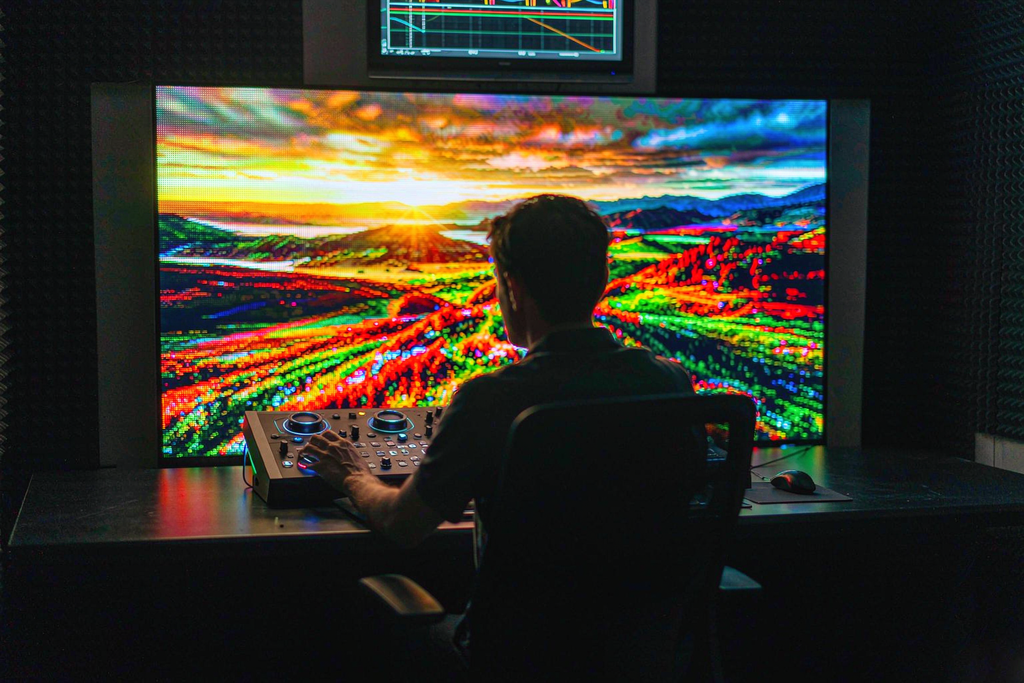 Colorist working with a micro LED reference display covering over 110 percent of BT.2020 in a post-production suite
