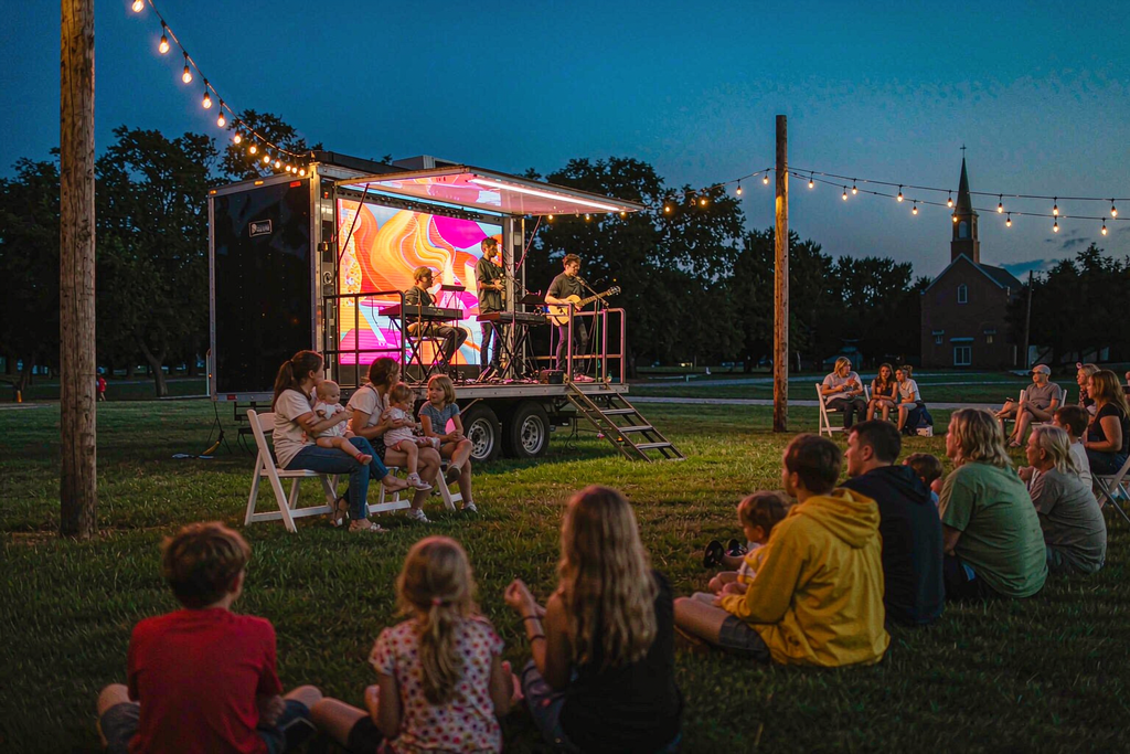 Outdoor church event at dusk using a portable trailer-mounted LED screen for open-air worship