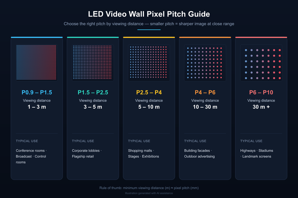 Infographic comparing LED video wall panel pixel pitch from P0.9 to P10 with recommended viewing distances and use cases