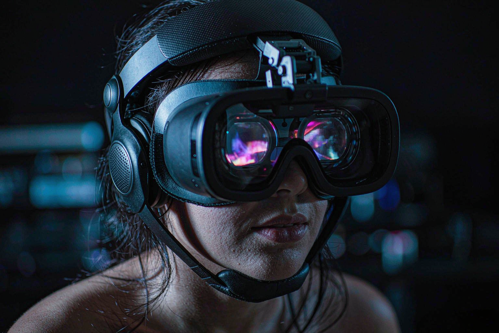 VR headset with high-density micro LED panels delivering nanosecond response times and no screen-door effect