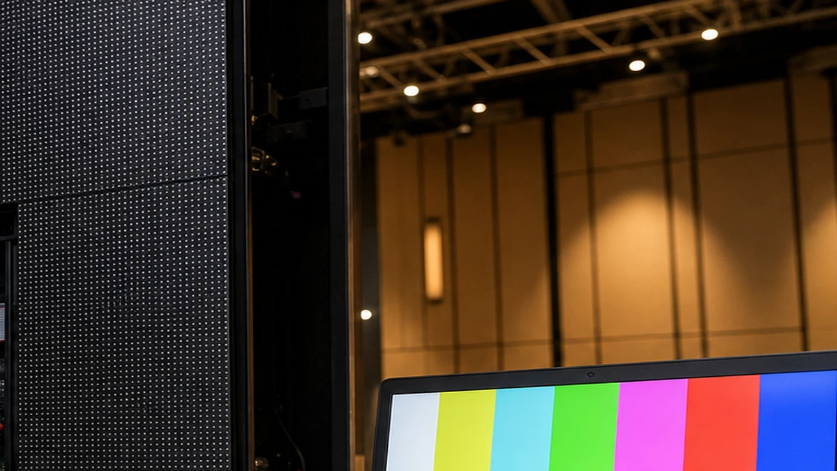 P3 LED display color uniformity checklist: indoor technician reviewing grayscale test content