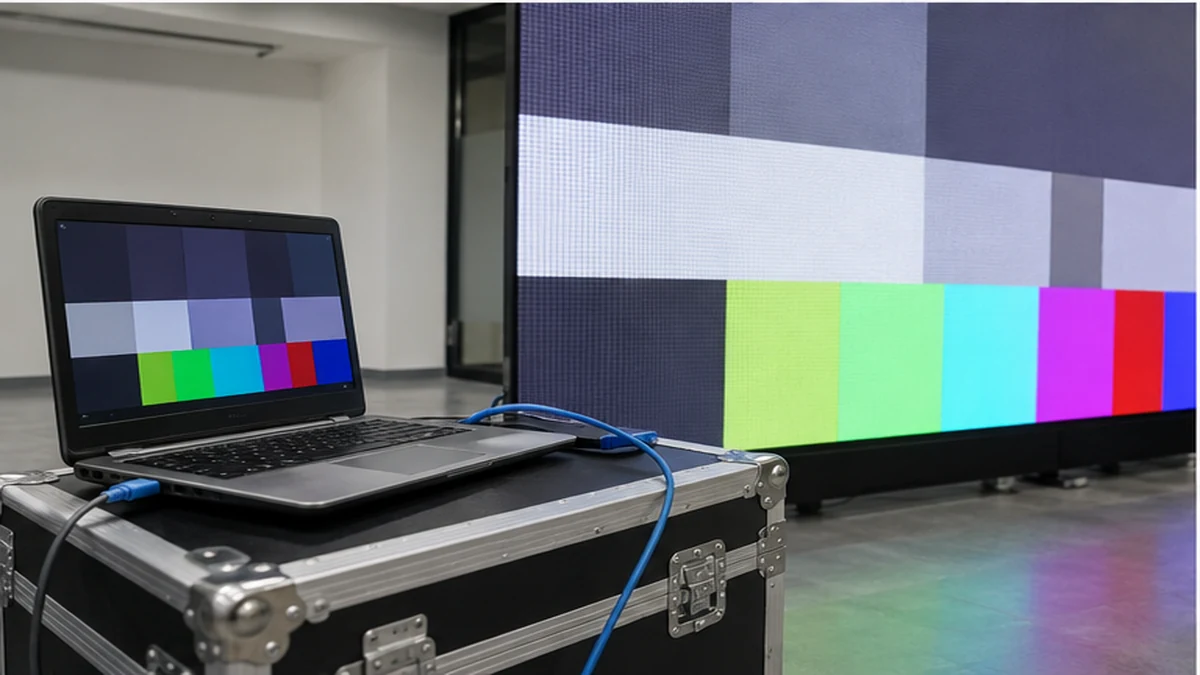 technician checking bar LED screen brightness and viewing comfort in dim venue