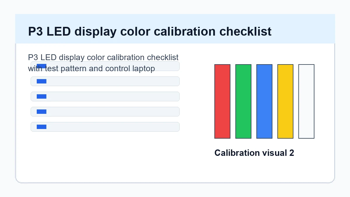 P3 LED display color calibration checklist with test pattern and control laptop