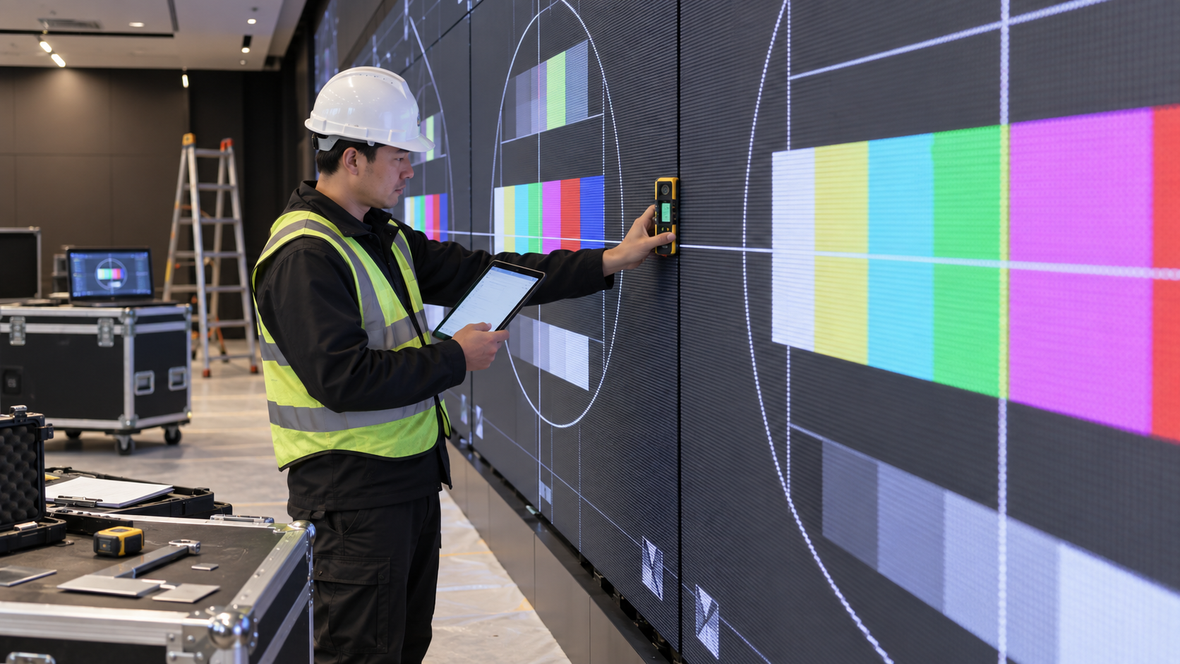 LED wall test pattern and acceptance sheet after alignment correction