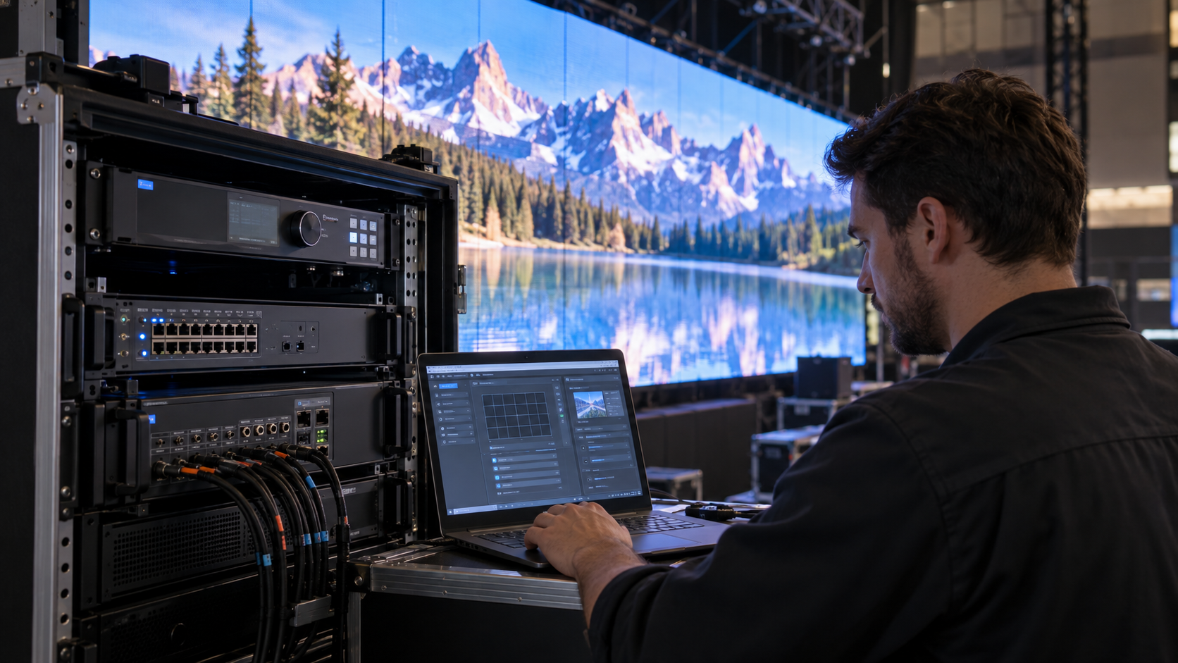 technician reviewing controller receiving card and driver configuration