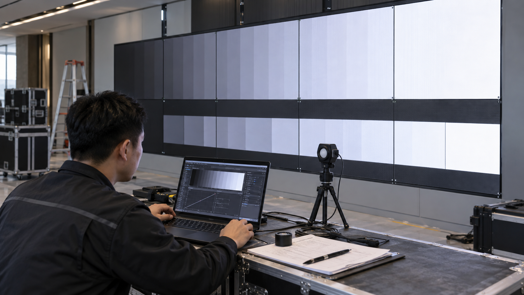 technician comparing cabinet grayscale and white point measurements