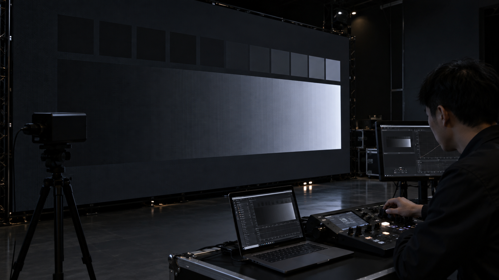 technician comparing low-gray gradients at different brightness levels